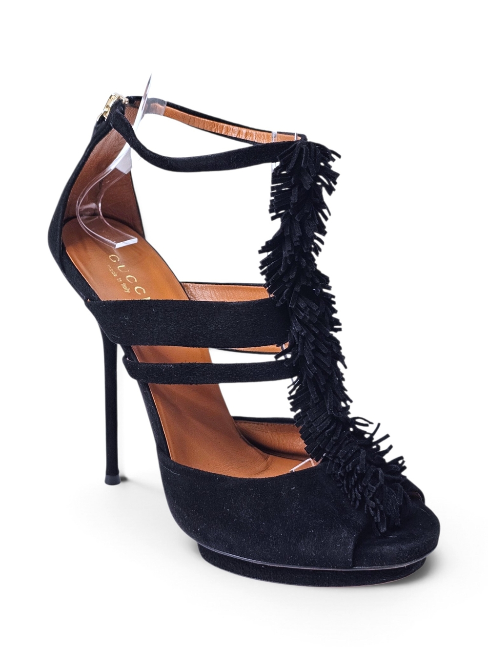 Gucci Youma Black Suede Fringe Platform T-Strap Heel Sandal Size 36.5 F/W 2011